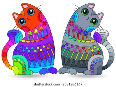 A set of stained glass illustrations with cute bright cats, isolated animals on a white background