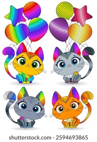 A set of stained glass illustrations with cute cartoon kittens, animals isolated on a white background