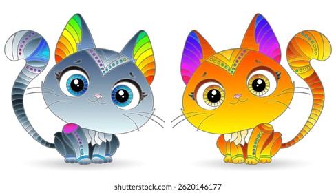 A set of stained glass illustrations with cute cartoon kittens, animals isolated on a white background
