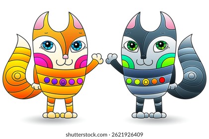 A set of stained glass illustrations with cute cartoon foxes, animals isolated on a white background