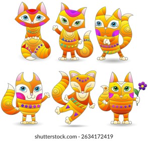 A set of stained glass illustrations with cute cartoon foxes, animals isolated on a white background