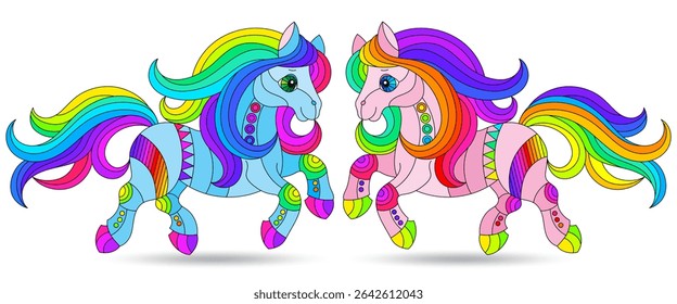 A set of stained glass illustrations with cute horses, isolated animals on a white background