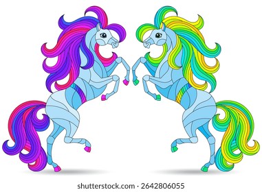A set of stained glass illustrations with cute horses, isolated animals on a white background