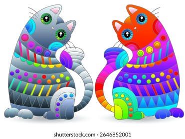 Um conjunto de ilustrações de vitrais com gatos brilhantes bonitos, animais isolados em um fundo branco
