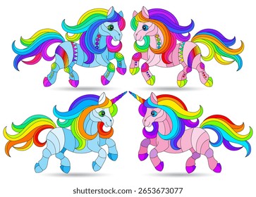 Un conjunto de ilustraciones de vidrieras con caballos lindos y unicornios, animales aislados sobre un fondo blanco