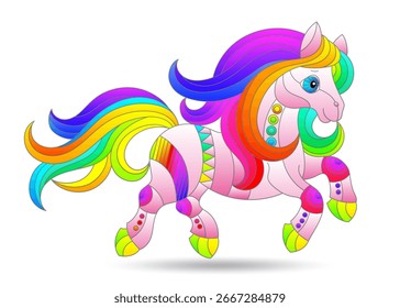 Eine Reihe von Buntglasillustrationen mit niedlichen Pferden, einzelne Tiere auf weißem Hintergrund