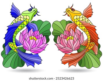 A set of stained glass illustrations with fish and lotus flower, animals isolated on a white background