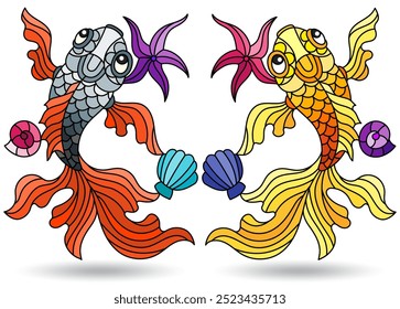 A set of stained glass illustrations with fish and shells, animals isolated on a white background