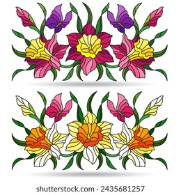 A set of stained glass illustrations with floral arrangements of daffodils and butterflies, isolated on a white background