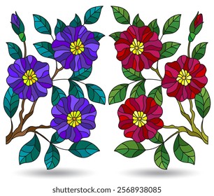 A set of stained glass illustrations with floral arrangements, flowers isolated on a white background