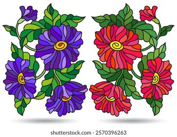 A set of stained glass illustrations with floral arrangements, flowers isolated on a white background