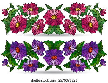 A set of stained glass illustrations with floral arrangements, flowers isolated on a white background