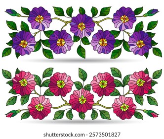 A set of stained glass illustrations with floral arrangements, flowers isolated on a white background