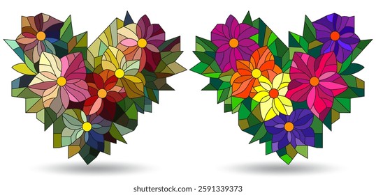 A set of stained glass illustrations with floral arrangements in the shape of hearts, isolated on a white background