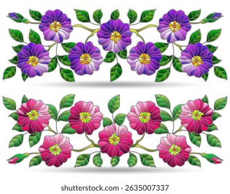 A set of stained glass illustrations with floral arrangements, flowers isolated on a white background