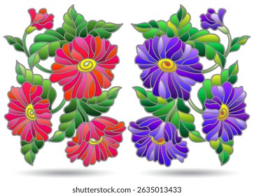 A set of stained glass illustrations with floral arrangements, flowers isolated on a white background
