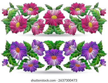 A set of stained glass illustrations with floral arrangements, flowers isolated on a white background