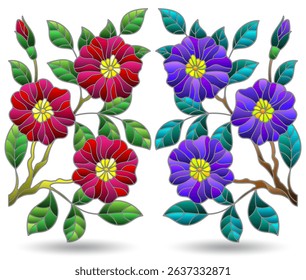 A set of stained glass illustrations with floral arrangements, flowers isolated on a white background