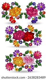 A set of stained glass illustrations with floral arrangements, isolated on a white background