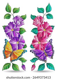 Um conjunto de ilustrações de vitrais com arranjos florais e borboletas, isoladas sobre um fundo branco
