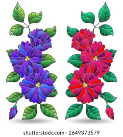 Um conjunto de ilustrações de vitrais com arranjos florais, isoladas sobre um fundo branco