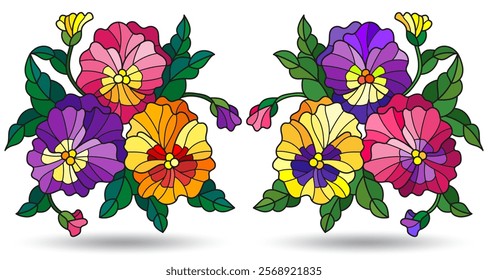 A set of stained glass illustrations with flower arrangements pansies, flowers isolated on a white background