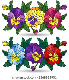 A set of stained glass illustrations with flower arrangements pansies, flowers isolated on a white background