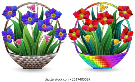 A set of stained glass illustrations with flower bouquets , dark outlines on a white background