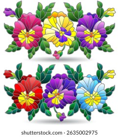 A set of stained glass illustrations with flower arrangements pansies, flowers isolated on a white background