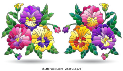 A set of stained glass illustrations with flower arrangements pansies, flowers isolated on a white background