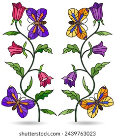 Set of stained glass illustrations with a flowers and  butterflies, dark contours on white background