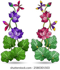 A set of stained glass illustrations with flowers, lotus flower leaves and dragonflies, isolated on a white background