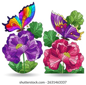 A set of stained glass illustrations with flowers and butterflies, isolated on a white background