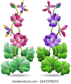 A set of stained glass illustrations with flowers, lotus flower leaves and dragonflies, isolated on a white background