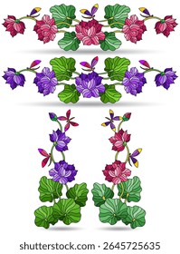 Um conjunto de ilustrações de vitrais com flores, folhas de flores de lótus e libélulas, isoladas sobre um fundo branco
