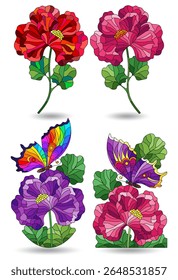 Um conjunto de ilustrações em vitrais com flores e borboletas, isoladas sobre um fundo branco