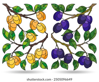 A set of stained glass illustrations with fruit branches, plants isolated on a white background