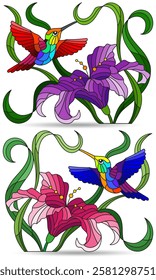 A set of stained glass illustrations with hummingbird birds and lily flowers, isolated compositions on a white background