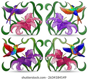 A set of stained glass illustrations with hummingbird birds and lily flowers, isolated compositions on a white background