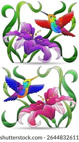 A set of stained glass illustrations with hummingbird birds and lily flowers, isolated compositions on a white background