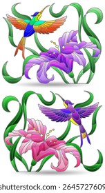 A set of stained glass illustrations with hummingbird birds and lily flowers, isolated compositions on a white background