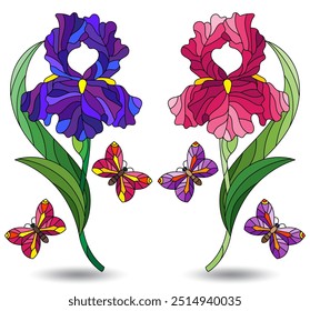 A set of stained glass illustrations with iris flowers, flowers on a white background