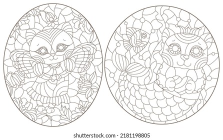 A set of stained glass illustrations with a mermaid cat and a fairy cat, animals isolated on a white background