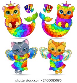 A set of stained glass illustrations with a mermaid cat and a fairy cat, animals isolated on a white background