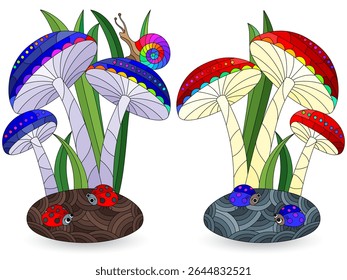 A set of stained glass illustrations with mushrooms and ladybugs on a grass background,isolated on a white background