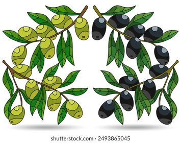 A set of stained glass illustrations with olive branches, plants isolated on a white background