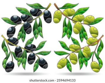A set of stained glass illustrations with olive branches, plants isolated on a white background