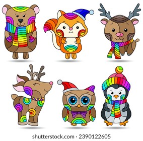 A set of stained glass illustrations on the theme of Christmas and New Year with cute toy animals