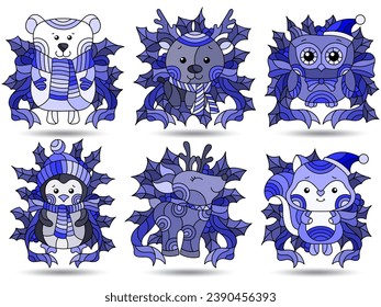 A set of stained glass illustrations on the theme of Christmas and New Year with cute toy animals, tone blue
