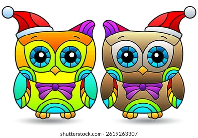 A set of stained glass illustrations on the theme of Christmas and New Year with cute toy owls